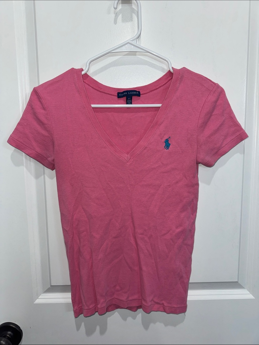Ralph Lauren Pink V-Neck Short Sleeve Polo Tee with Navy Pony